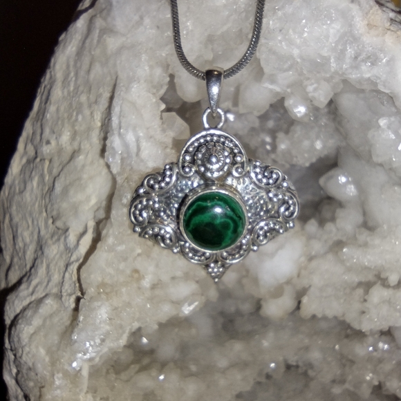 Vintage India made sterling and malachite necklace - Picture 3 of 4